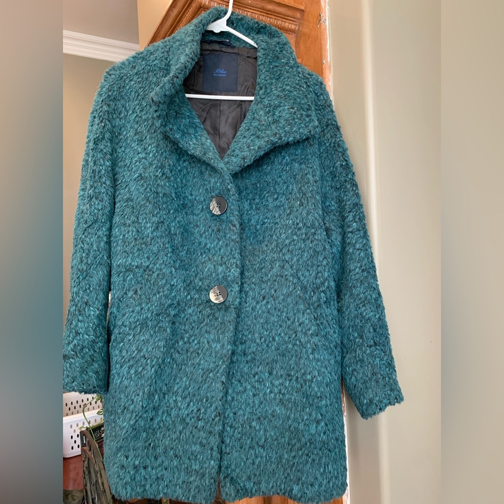 Blue fuzzy Les Coipans jacket for sale. Like new condition.